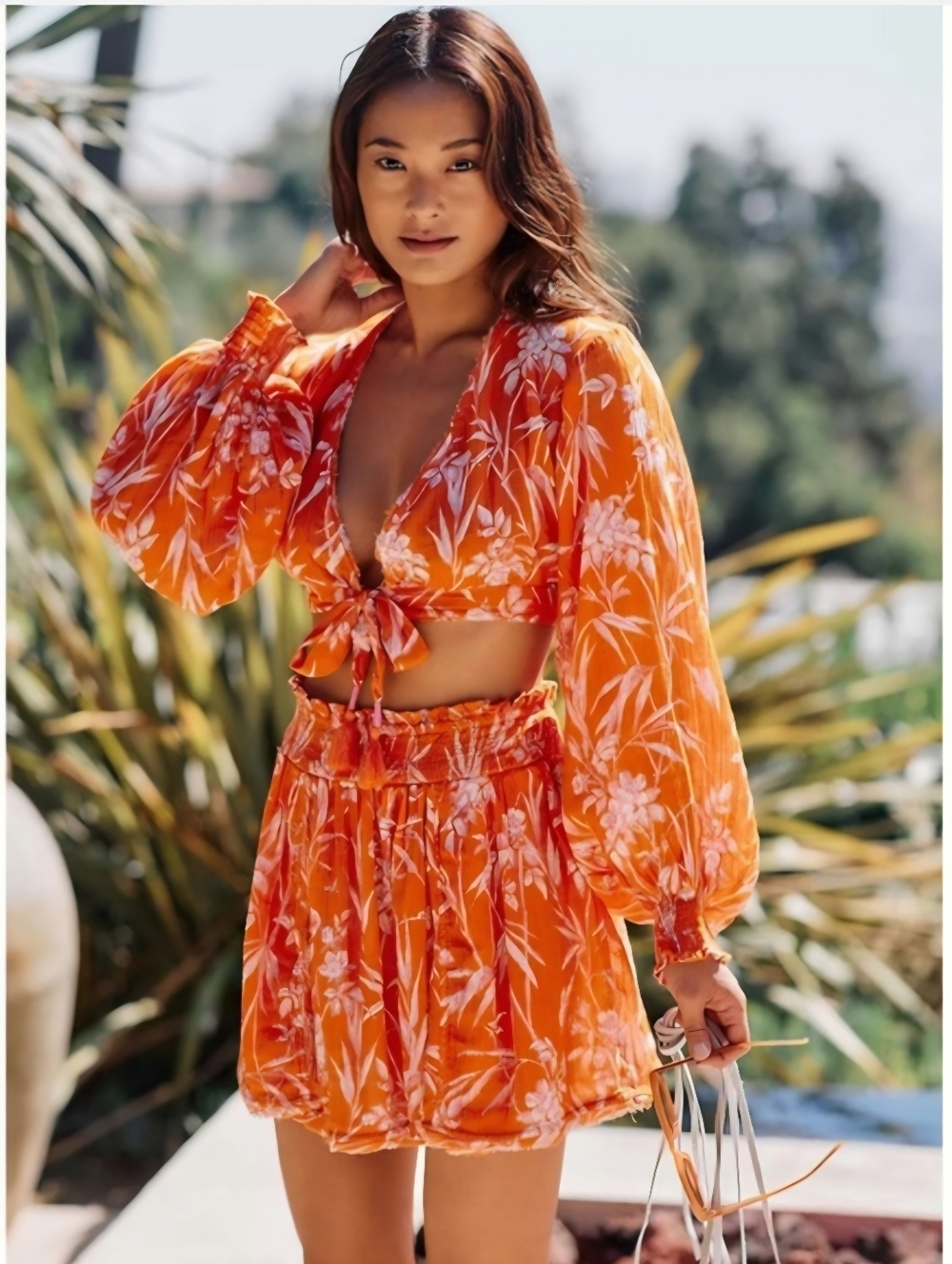 Anthropologie Cotton Orange and White Floral Tie-Front Top And Matching Skirt